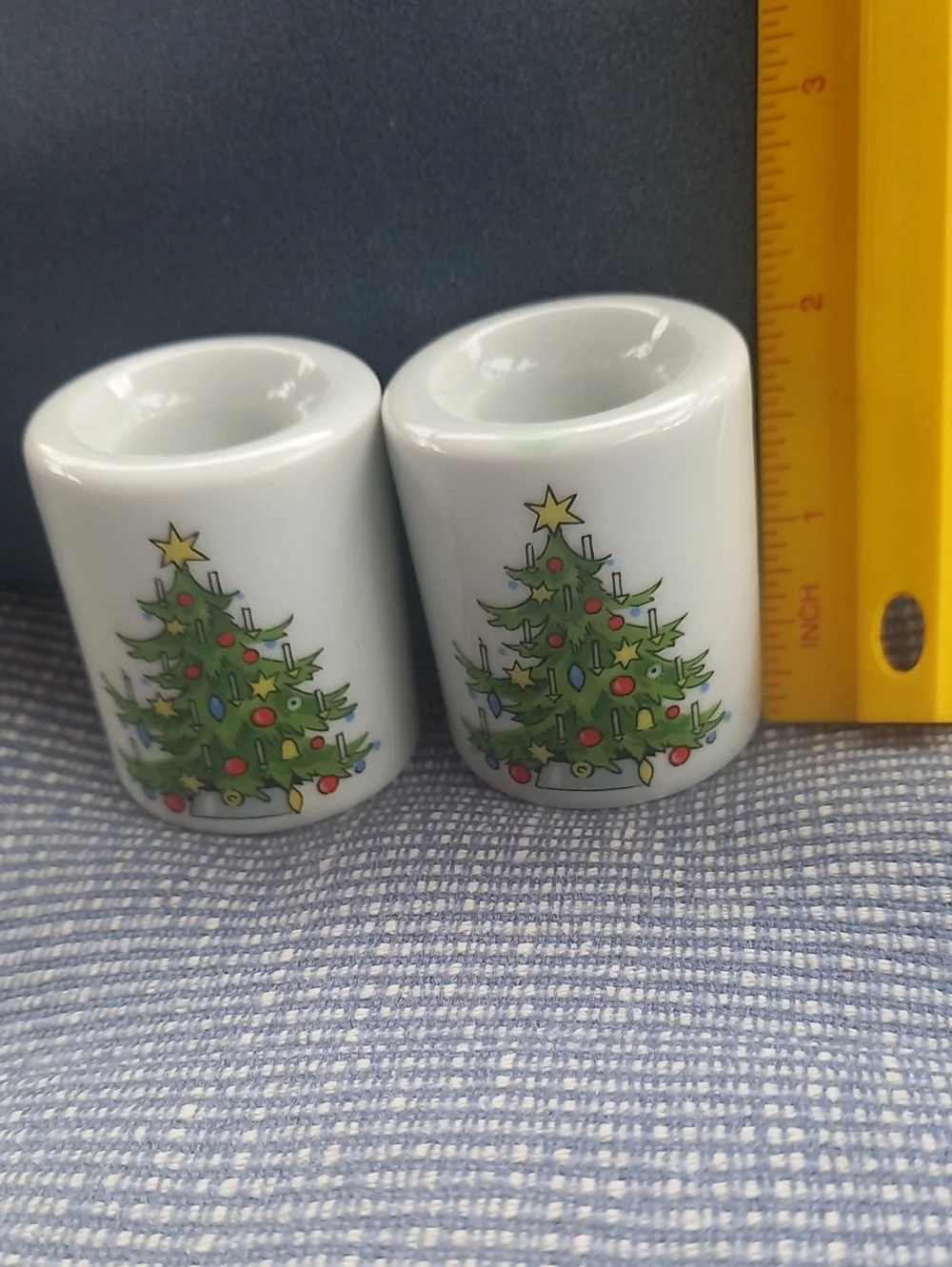 Holiday Porcelain Candleholders with Christmas Tree Design - White